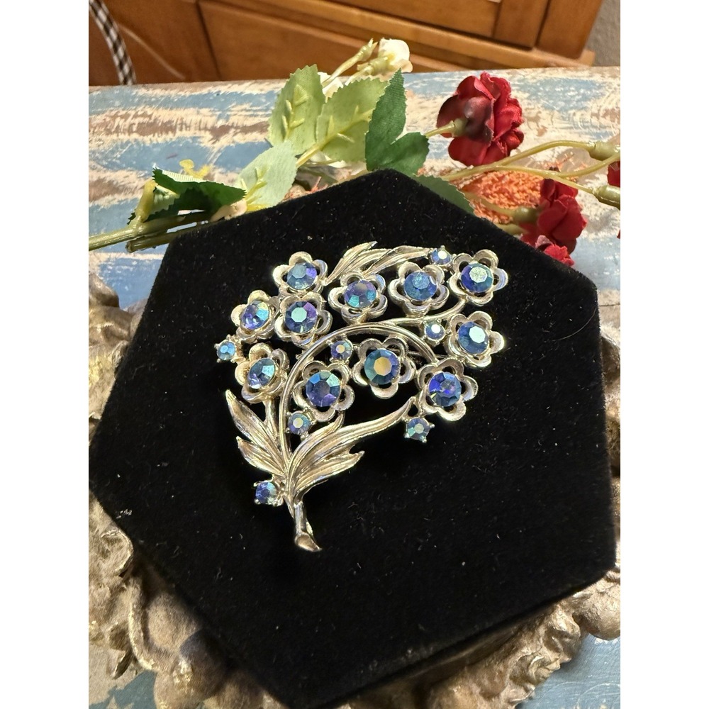 Vintage Signed STAR Floral Aurora Borealis AB Rhinestone Pin Brooch
